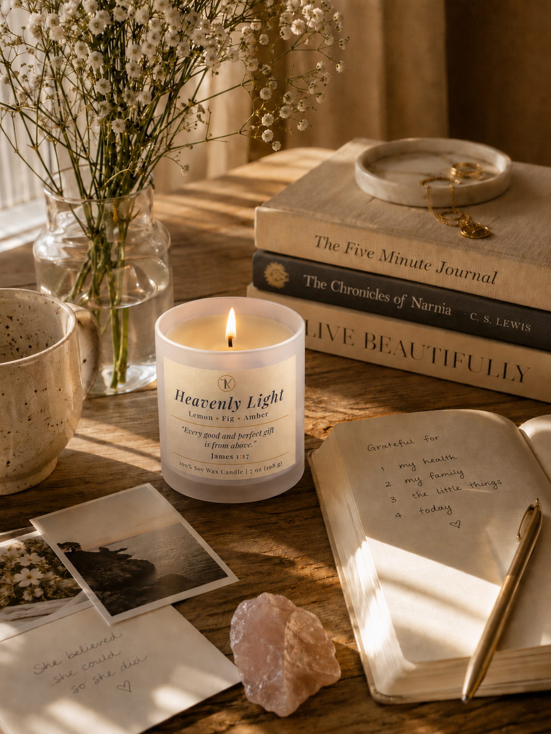 iTAY candle lit on desk with books and journal