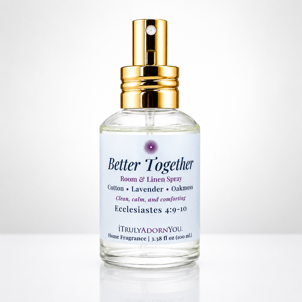 Better Together Room & Linen Spray Bottle with Sky Blue Label and Blue and Purple font