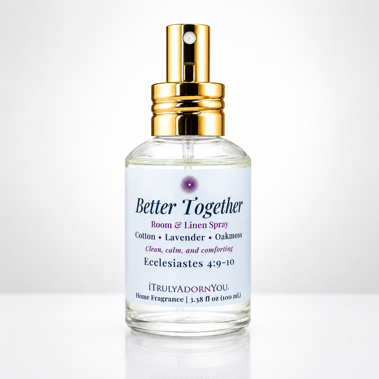 Better Together Room & Linen Spray Bottle with Sky Blue Label and Blue and Purple font