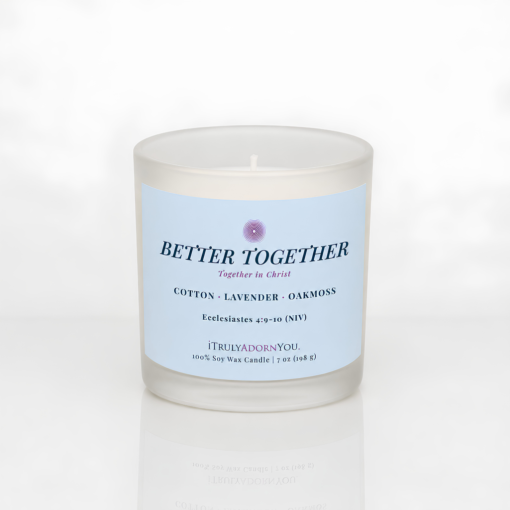 i Truly Adorn You Better Together candle with sky blue label reading 'Better Together' on a white background