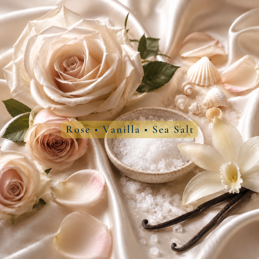 Rose, vanilla bean, and sea salt on a white fabric background with 'Rose Vanilla Sea Salt' text.