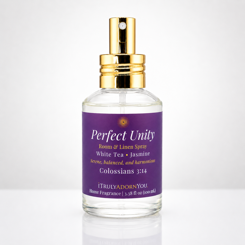 Perfect Unity Room & Linen Spray Bottle with purple label and gold and white writing/font
