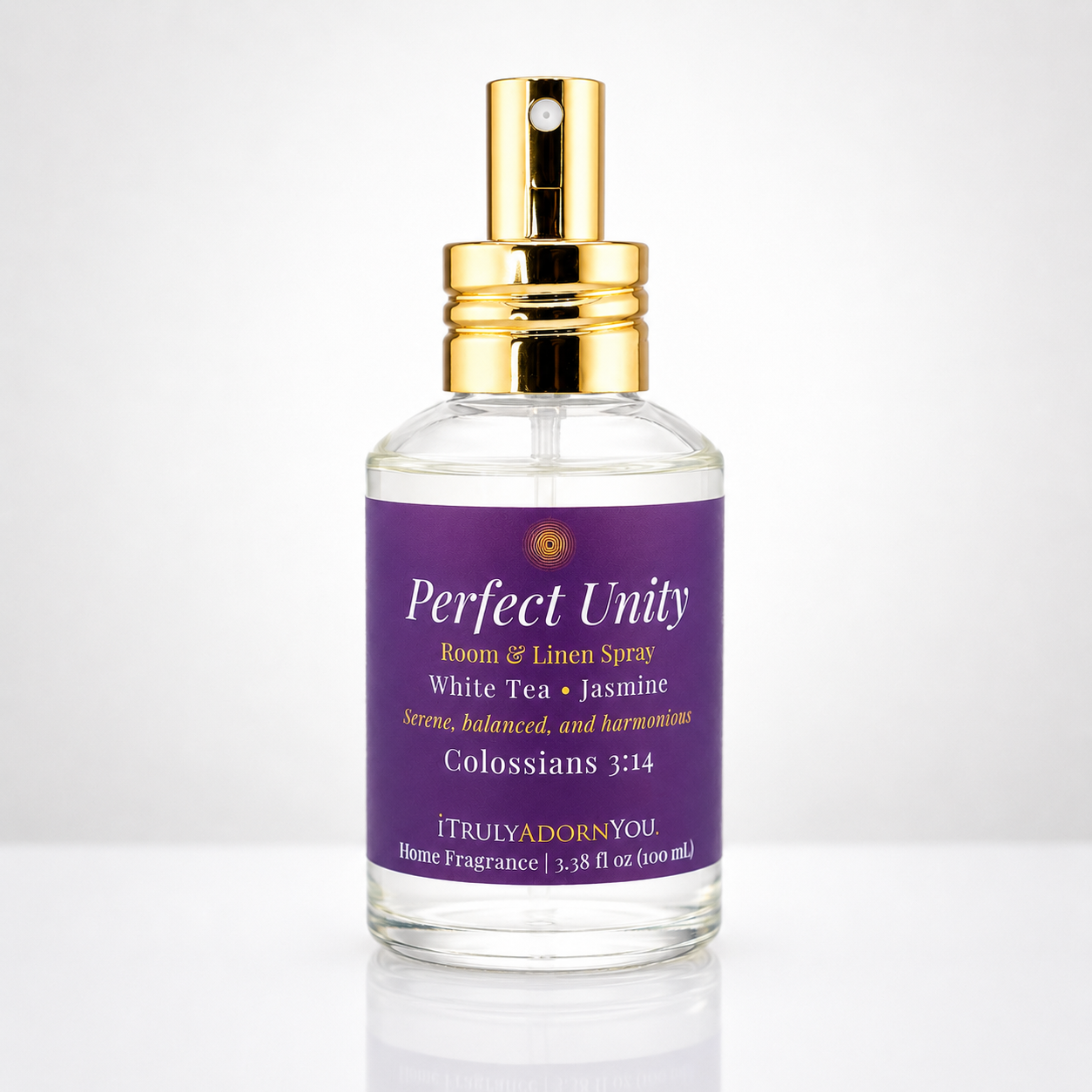 Perfect Unity Room & Linen Spray Bottle with purple label and gold and white writing/font