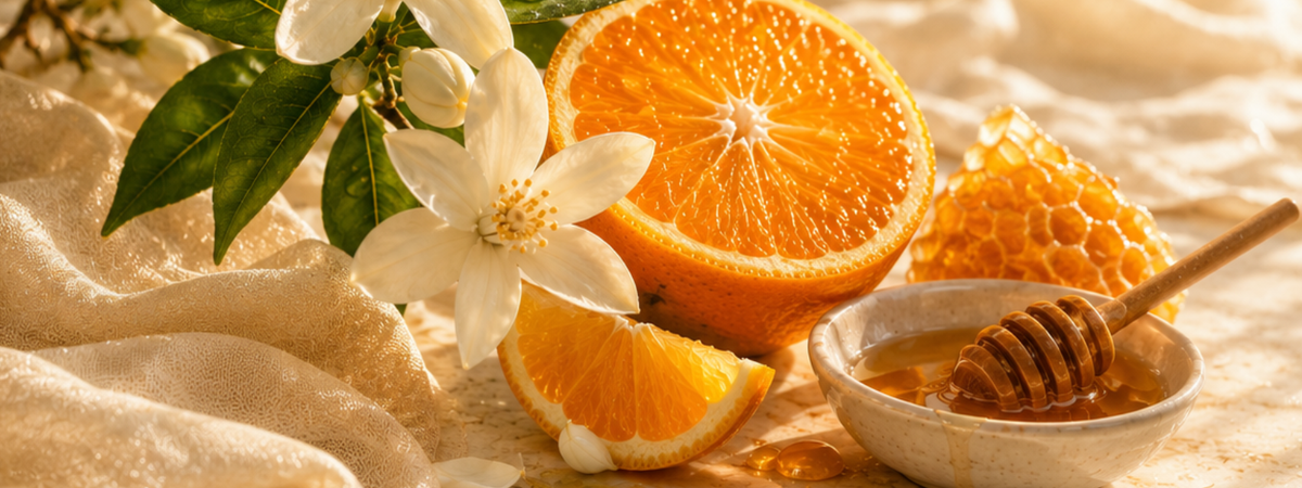 i Truly Adorn You Abiding Joy fragrance image featuring oranges, honeycomb, and neroli flowers on a textured surface with honey dipper