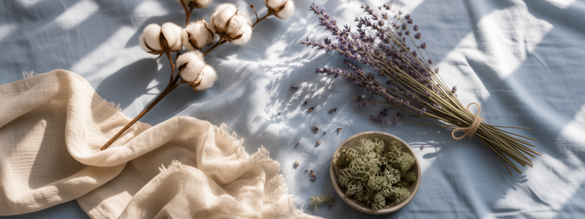 i Truly Adorn You Better Together fragrance image featuring cotton branches, lavender, and a bowl of green leaves on a light blue fabric background