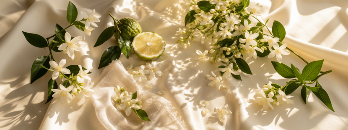 i Truly Adorn You In His Light fragrance image featuring bergamot, neroli and jasmine flowers on ivory fabric with soft lighting