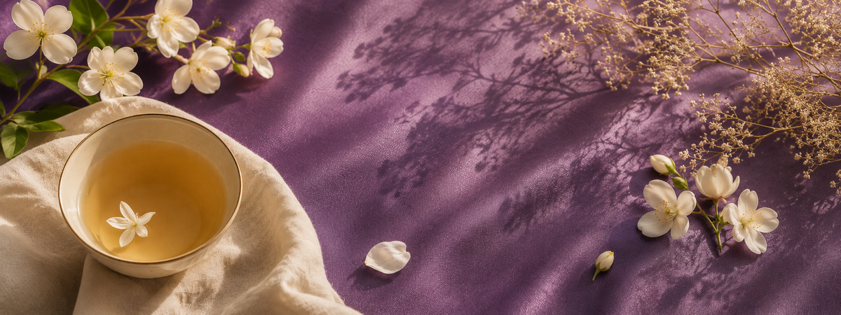 i Truly Adorn You Perfect Unity fragrance image featuring white tea in a tea cup with jasmine flowers on a purple fabric background
