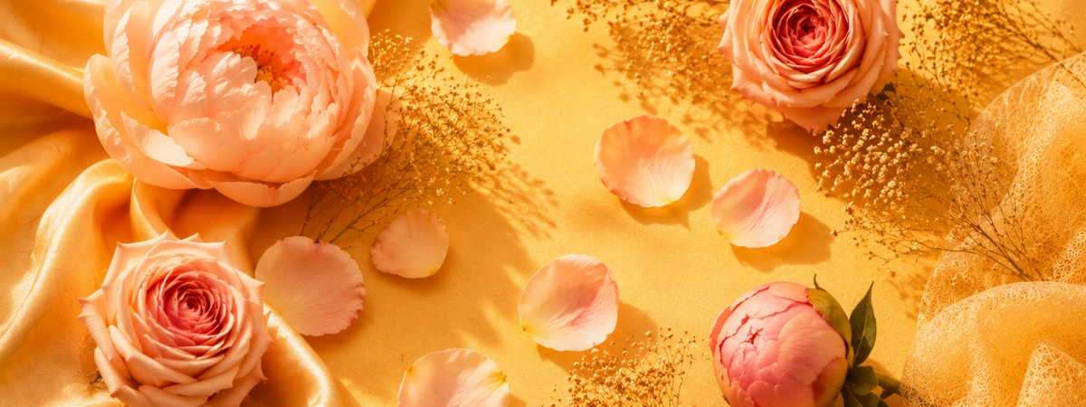 i Truly Adorn You Sisters in Grace fragrance image featuring pink and orange roses, peonies, and petals on a yellow fabric background