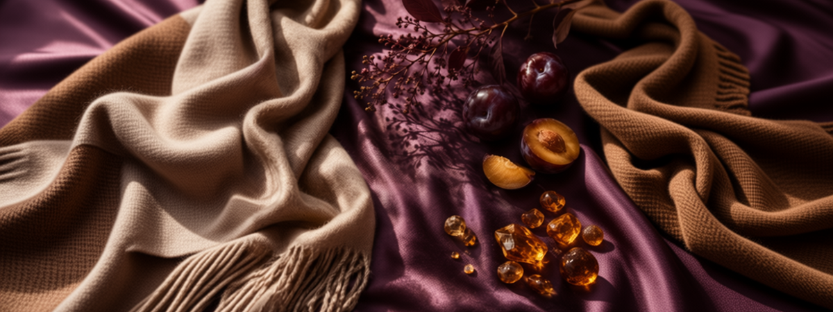 i Truly Adorn You Unmovable Grace fragrance image featuring juicy plums and amber on luxurious cashmere scarves and rich purple fabric